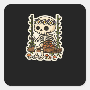 Sticker Carré Squelette Cottagecore avec couronne de fleurs