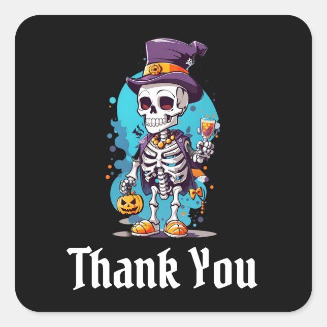 Sticker Carré Squelette dans un chapeau haut Halloween Merci (Devant)