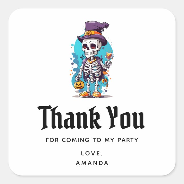 Sticker Carré Squelette dans un haut de chapeau Halloween Merci  (Devant)
