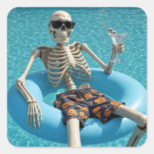 Sticker Carré Squelette d'Halloween flottant dans une piscine