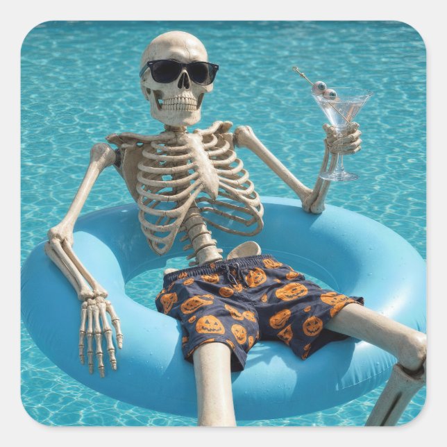Sticker Carré Squelette d'Halloween flottant dans une piscine (Devant)