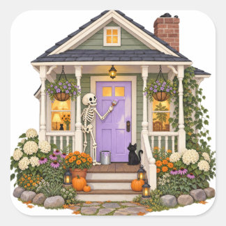Sticker Carré Squelette peignant la véranda en violet Halloween