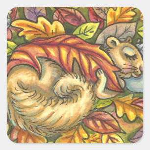 STICKER CARRÉ SQUIRREL DORMIR SOUS LES FEUILLES DE L'AUTOMNE, SA