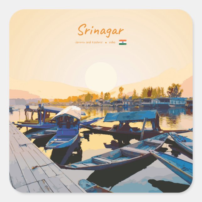 Sticker Carré Srinagar, Inde - Bateaux Shikara du lac Dal (Devant)