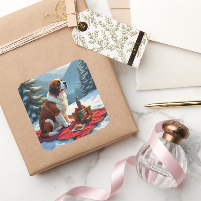 Sticker Carré St. Bernard Winter Picnic Christmas Painting (Cadeaux)