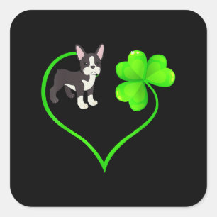 Sticker Carré St Patrick Day Boston Terrier Dog Maman Papa Shamr