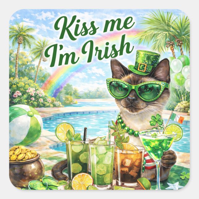Sticker Carré St. Patrick’s Day Glam Cat Pool Party  (Devant)