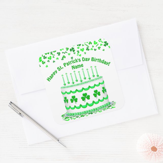 Sticker Carré St Patrick's Day Birthday Cake Custom Candles (Enveloppe)