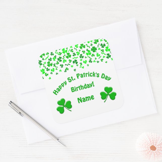 Sticker Carré St Patrick's Day Birthday Green Shamrocks Confetti (Enveloppe)