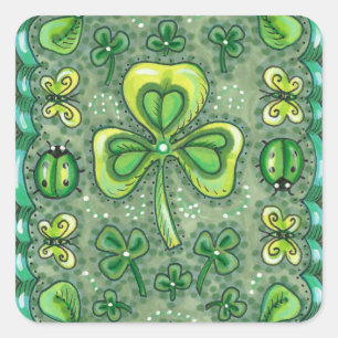 STICKER CARRÉ ST. PATRICK'S DAY FOLK ART SHAMROCKS N'LADYBUGS