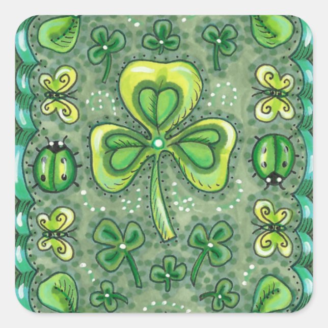 STICKER CARRÉ ST. PATRICK'S DAY FOLK ART SHAMROCKS N'LADYBUGS (Devant)