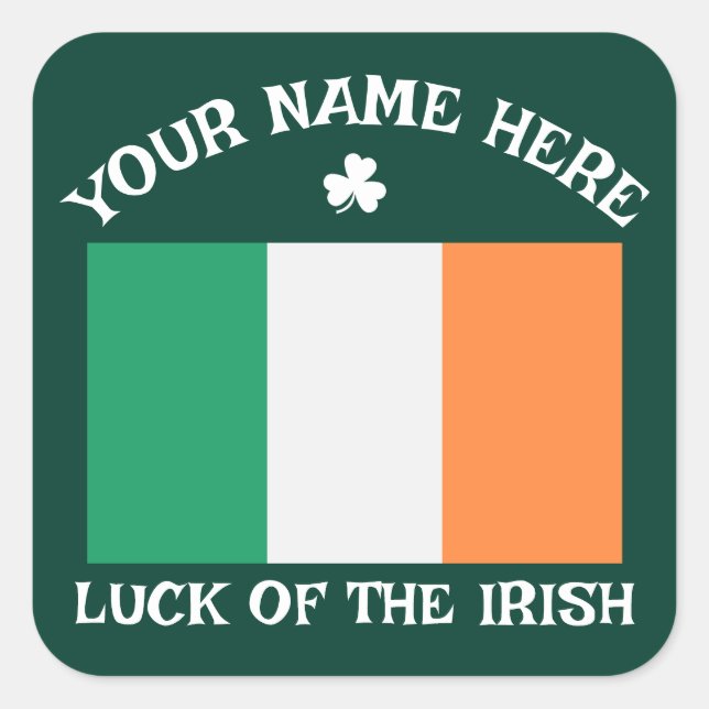 Sticker Carré St Patrick's Day Ireland Flag Custom Name Shamrock (Devant)