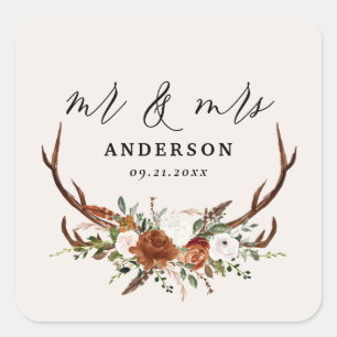 Sticker Carré Stag rustique mariage botanique m et mrs script