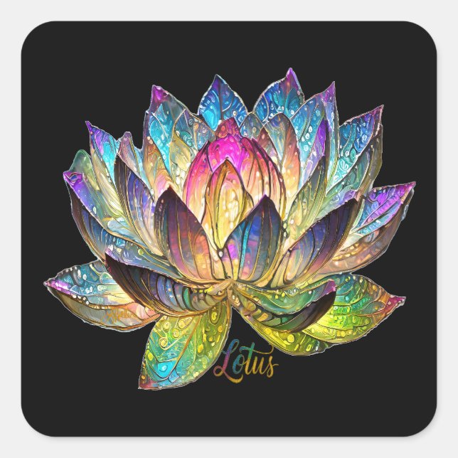 Sticker Carré Stained Glass Colorful Lotus Flower on Black (Devant)
