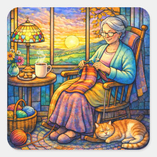 Sticker Carré Stained Glass Grandma Knitting, Cat & Cozy Home 