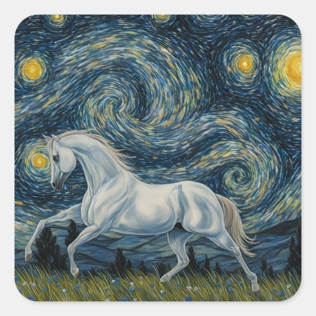 Sticker Carré Stallion gris dans la nuit étoilée (Devant)