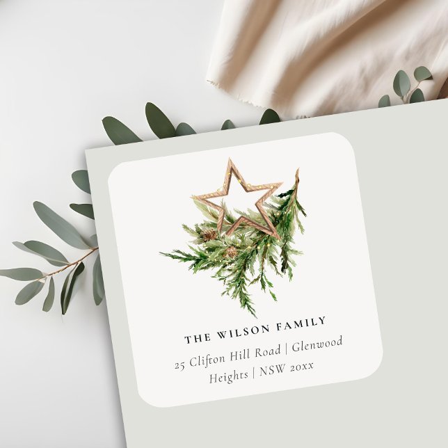 Sticker Carré Star Orament Pine Fauna Joyeux Noël Adresse (Créateur téléchargé)