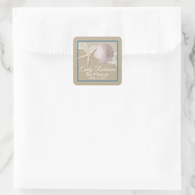 Sticker Carré Starfish and Sand Dollar Burlap Beach Bat mitzvah (Sac)