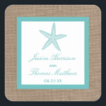 Sticker Carré Starfish Turquoise Burlap Beach Wedding Collection<br><div class="desc">L'étoile de mer turquoise sur la collection de mariages de plage de burlap est parfaite pour tout couple qui planifie un mariage romantique en bord de mer. L'arrière - plan rustique effet burlap donne à ces invitations une atmosphère boho-chic, tandis que le turquoise tropical a un coloris frais et cool...</div>