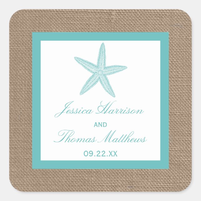Sticker Carré Starfish Turquoise Burlap Beach Wedding Collection (Devant)