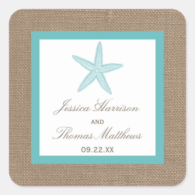 Sticker Carré Starfish Turquoise Burlap Beach Wedding Collection (Devant)