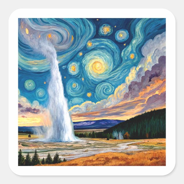 Sticker Carré Starry Night Old Faithful Yellowstone Park (Devant)