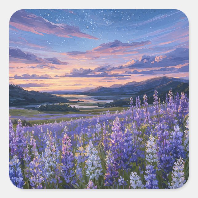 Sticker Carré Starry Night Sky Over Purple Lupine Meadow (Devant)