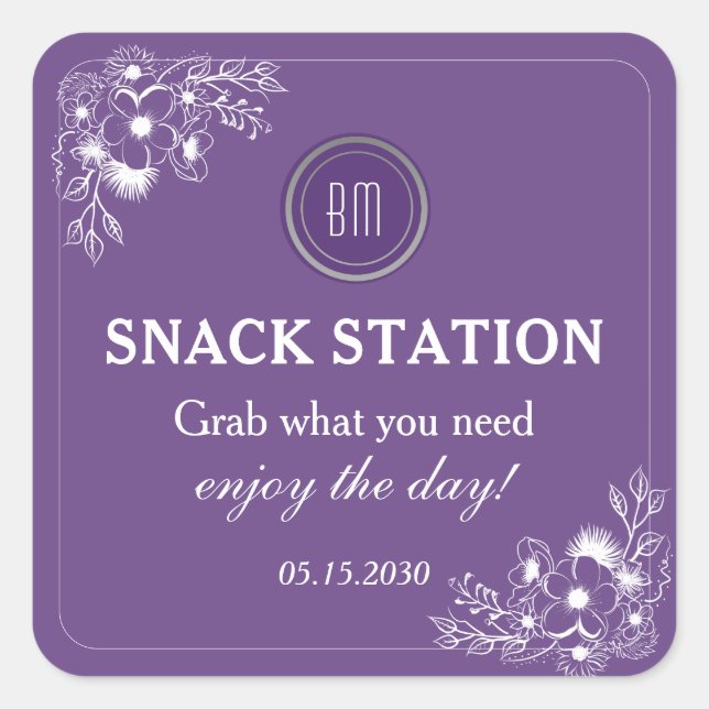 Sticker Carré Station de collations de mariage à fleurs violette (Devant)