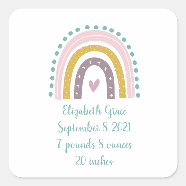 Sticker Carré Statistiques de naissance Boho Rainbow Rose Turquo (Devant)