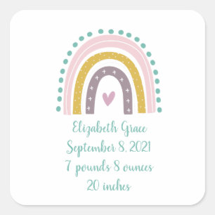Sticker Carré Statistiques de naissance Boho Rainbow Rose Turquo