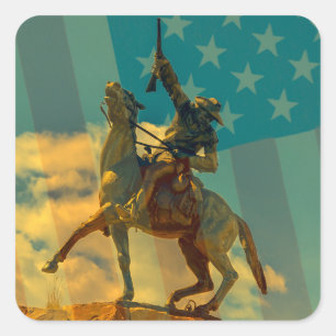 Sticker Carré Statue de Buffalo Bill Cody Cody, Wyoming & drapea