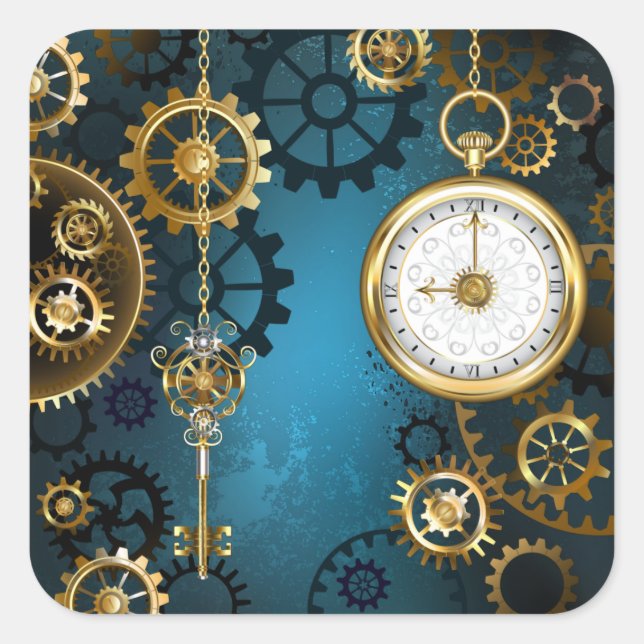 Sticker Carré Steampunk Arrière - plan turquoise avec Gears (Devant)