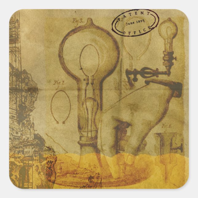Sticker Carré Steampunk Edison Light Bulle Office des brevets St (Devant)