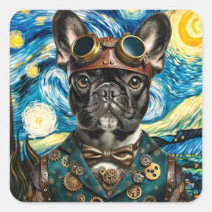 Sticker Carré Steampunk Frenchie dans la nuit étoilée