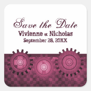 Sticker Carré Steampunk Gears Save Date Stickers, Fuchsia
