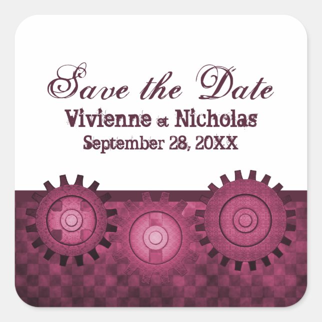 Sticker Carré Steampunk Gears Save Date Stickers, Fuchsia (Devant)