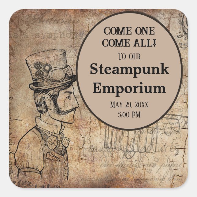 Sticker Carré Steampunk Inventeur Top Hat Personnalisé Événement (Devant)