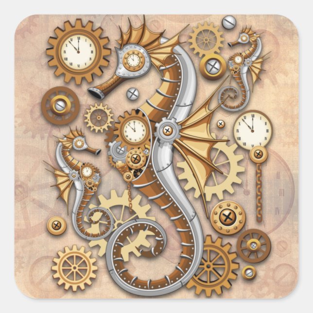 Sticker Carré Steampunk Seahorse Vintage Surreal Art (Devant)