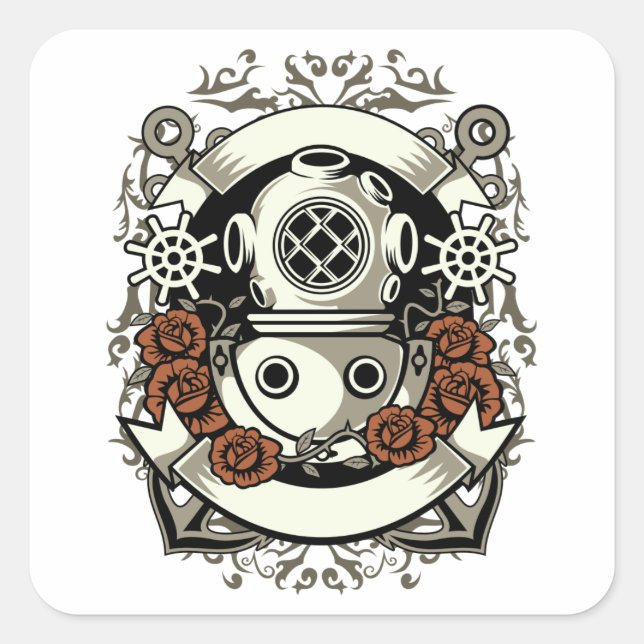 Sticker Carré Steampunk Victorian Deep Sea Diver Roses rouges (Devant)