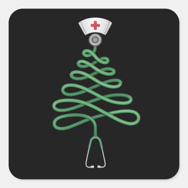 Sticker Carré Stethoscope Arbre de Noël Infirmière Scrub Xmas (Devant)