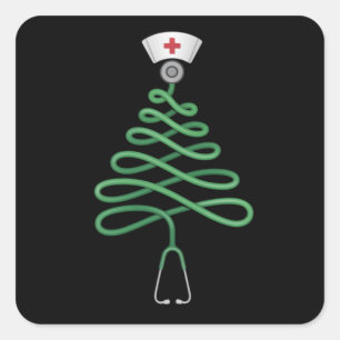 Sticker Carré Stethoscope Sapin de Noël Infirmière Tenue de bloc