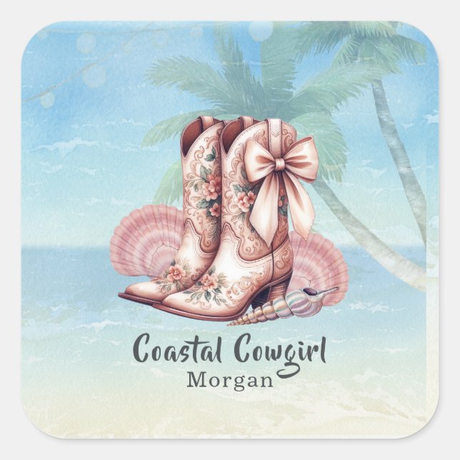 Sticker Carré Stick Coastal Cowgirl Beach Western Floral Boots (Devant)