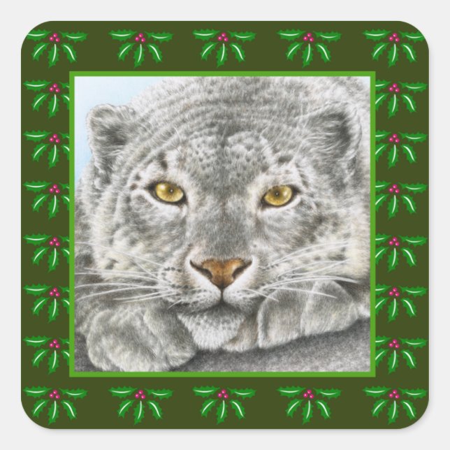 Sticker Carré Stick de Noël Snow Leopard Holly Leaf (Devant)