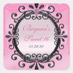 Sticker Carré Stick de partie Parties scintillant rose et noir