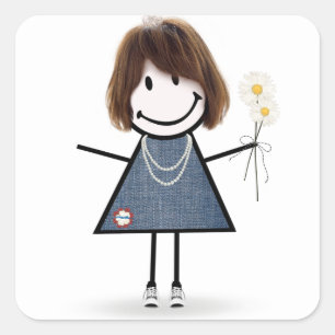 Sticker Carré Stick Girl en robe bleu Jean