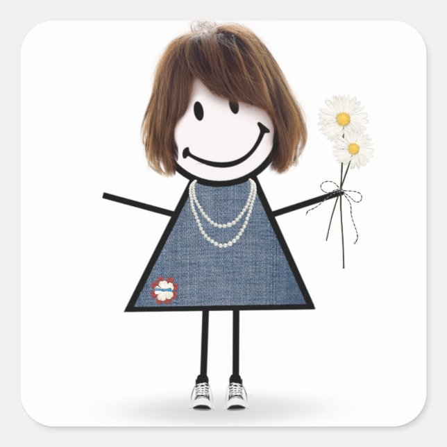 Sticker Carré Stick Girl en robe bleu Jean (Devant)