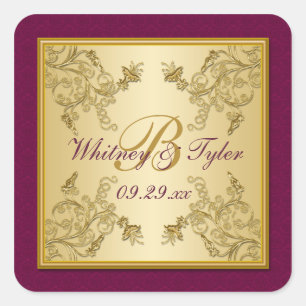 Sticker Carré Sticule Monogramme Vin Plum et or Floral Damask