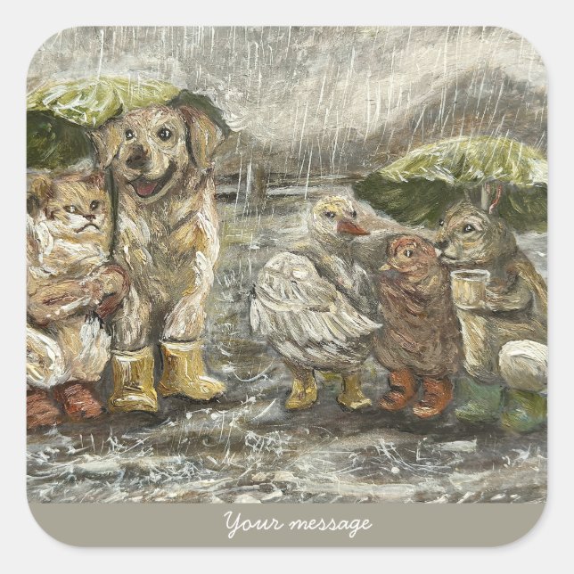 Sticker Carré Still Together Whimsical Farmhouse Animals Rainy  (Devant)