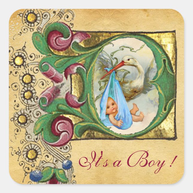 STICKER CARRÉ STORK GARÇON BABY SHOWER PARCHEMENT FLORAL MONOGRA (Devant)