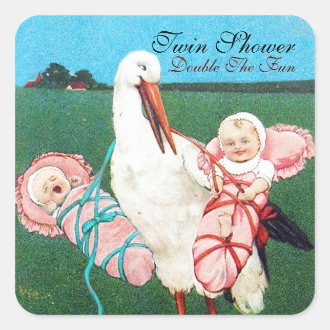 STICKER CARRÉ STORK TWIN BABY GIRL DOUCHE (Devant)